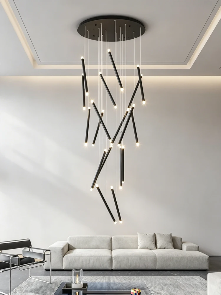 Modern Slant Linear LED Chandelier Staggered Pendant Light Villa High Ceiling Stair Long Hanging Light Minimalist Home Lighting