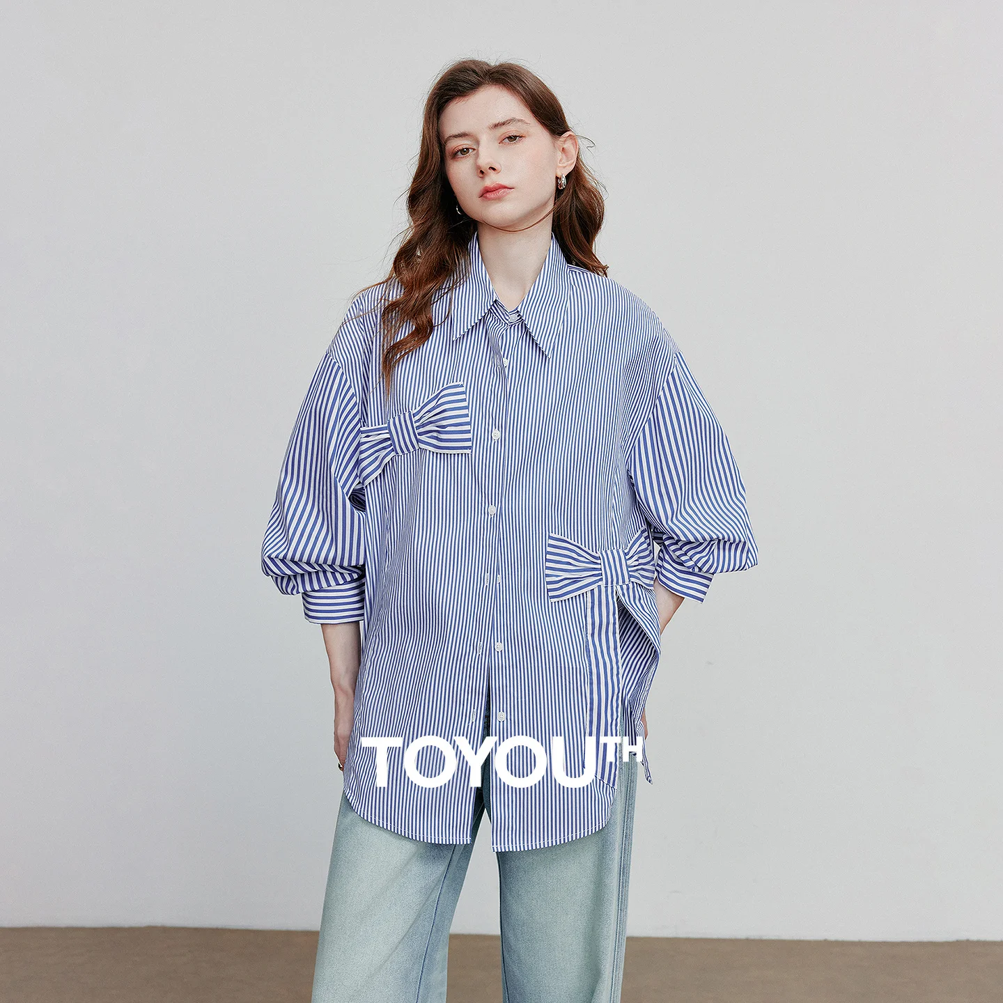 

TOYOUTH Women Blouse Shirt 2025 Autumn New Striped Bowknot Splicing Turn Down Collar Long Sleeve Tops