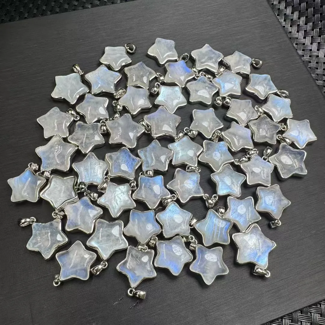 1 Pc Fengbaowu Natural Blue Moonstone Star Pendant 925 Sterling Silver Reiki Healing Stone Jewelry Gift DIY Accessories