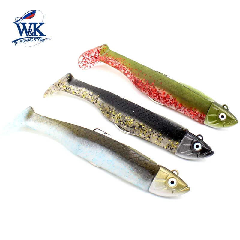 

Saltwater Fishing Lure Set with 1/0 Worm Hook 14g Jig Head 9cm Soft Bait Black Eel Action Weedless Minnow Vinyl Fish