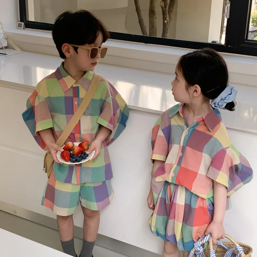 2024 Summer Fashion Sibling Costume Girl Loose Big Puff Sleeves Turn-down Collar Blouse Colourful Plaid Shorts High Quality Suit