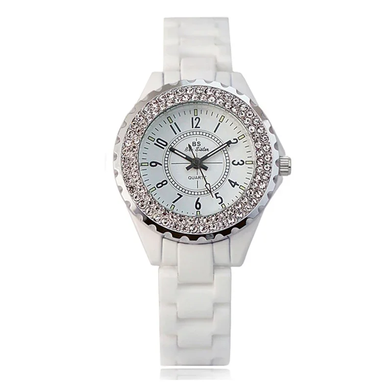 

Top Brand Luxury Wrist Watch For Women White Ceramic Band Ladies Watch Quartz Fashion Women Rhinestones Black Watches