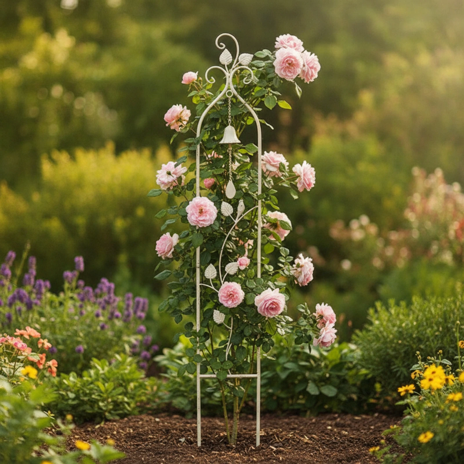 Metal Trellis with Bell Wrought-Iron Look Climbing Plant Support Metal Trellis Antique-Inspired Garden Obelisk Floor-Standing
