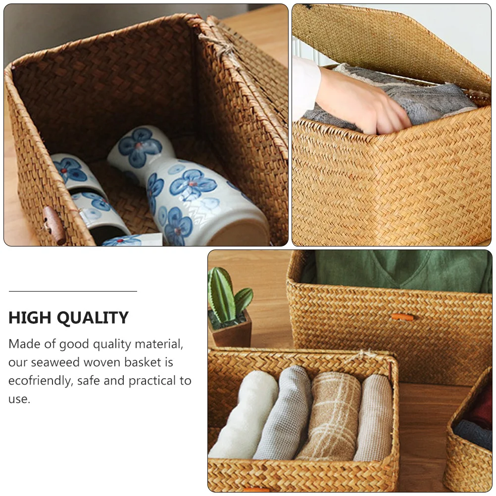 

2pcs Seaweed Woven Storage Box Basket Organizer With Lid Natural Multifunctional Home Bathroom Kitchen Closet Container