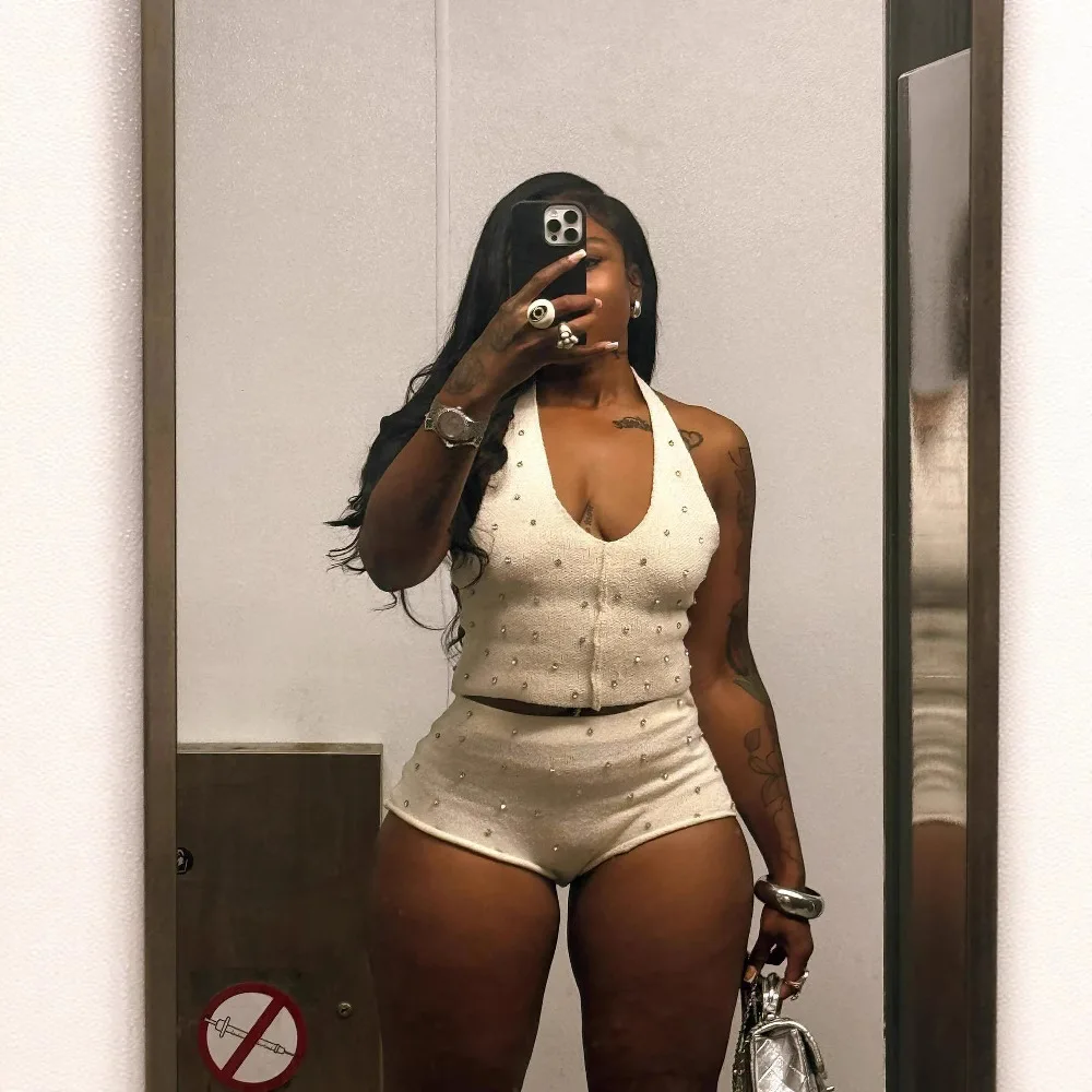 2025 Woman Set Luxury Rhinestone Patchwork 2 Piece Club Outfits Backless Knit Halter V Neck Tank Tops and Shorts Matching Sets