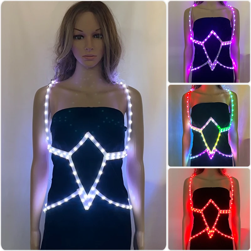 

Приложение Bluetooth RGB Glow Cage Corset LED Tron Танцевальная одежда для музыкального фестиваля Ночной клуб Вечеринка Танцевальное представление Сексуальный костюм для девочек