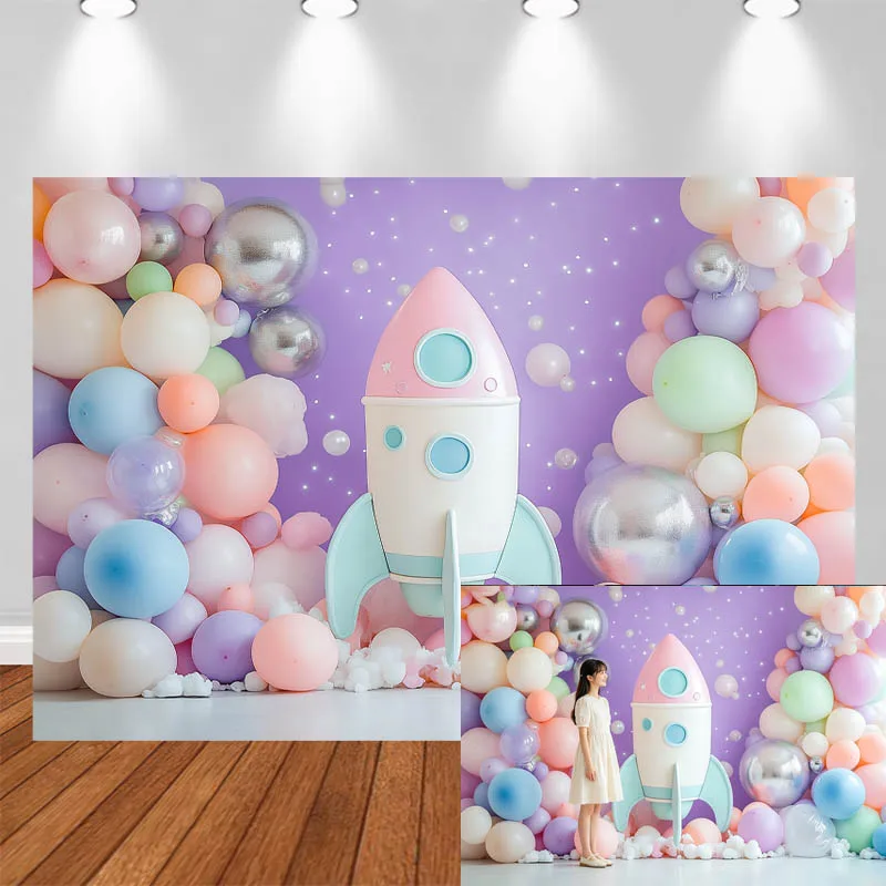

LS Photography Background Purple Wall Colorful Balloon Rocket Decor Birthday Cake Smash Baby Shower Kids Portrait Photo Backdrop