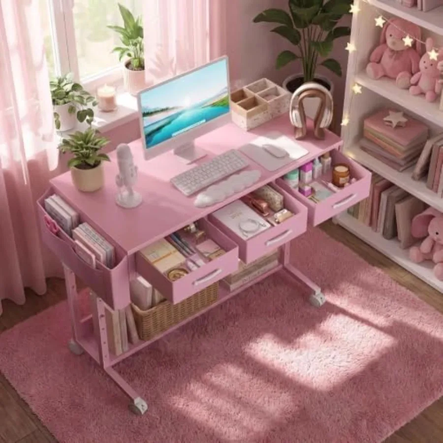 Rolling Desk with Drawers for Home Office Use, Steel Frame in Rose Gold, Height Adjustable 40, Smooth Casters and Spacious Stor