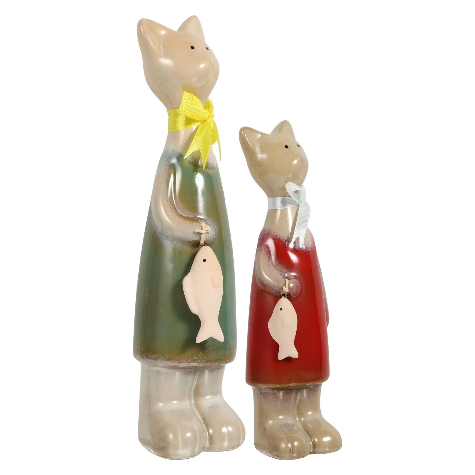 

1Pair Colorful Ceramic Cat Ornament Decorative Desktop Home Decor Cat Statue with Fish Porcelain Craft Animal Figurines