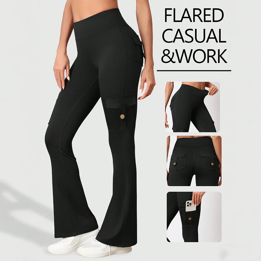 

Flare Leggings with Pockets for Women Tummy Control Workout Leggings Butt Lifting Solid Color Gym Yoga Pants Fashion Streetwear