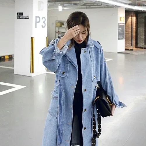 Women Autumn Spring Denim Jacket Coat Outerwear Ladies Vintage Long Coat Female Trench Coat