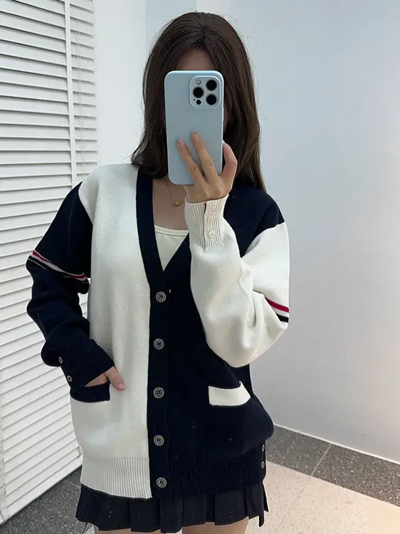 

Tri-Color Sve Stripe Color Blo V-Ne Вязаный открытый кардиган Женский длинный верхняя одежда на пуговицах Све для похудения Sle