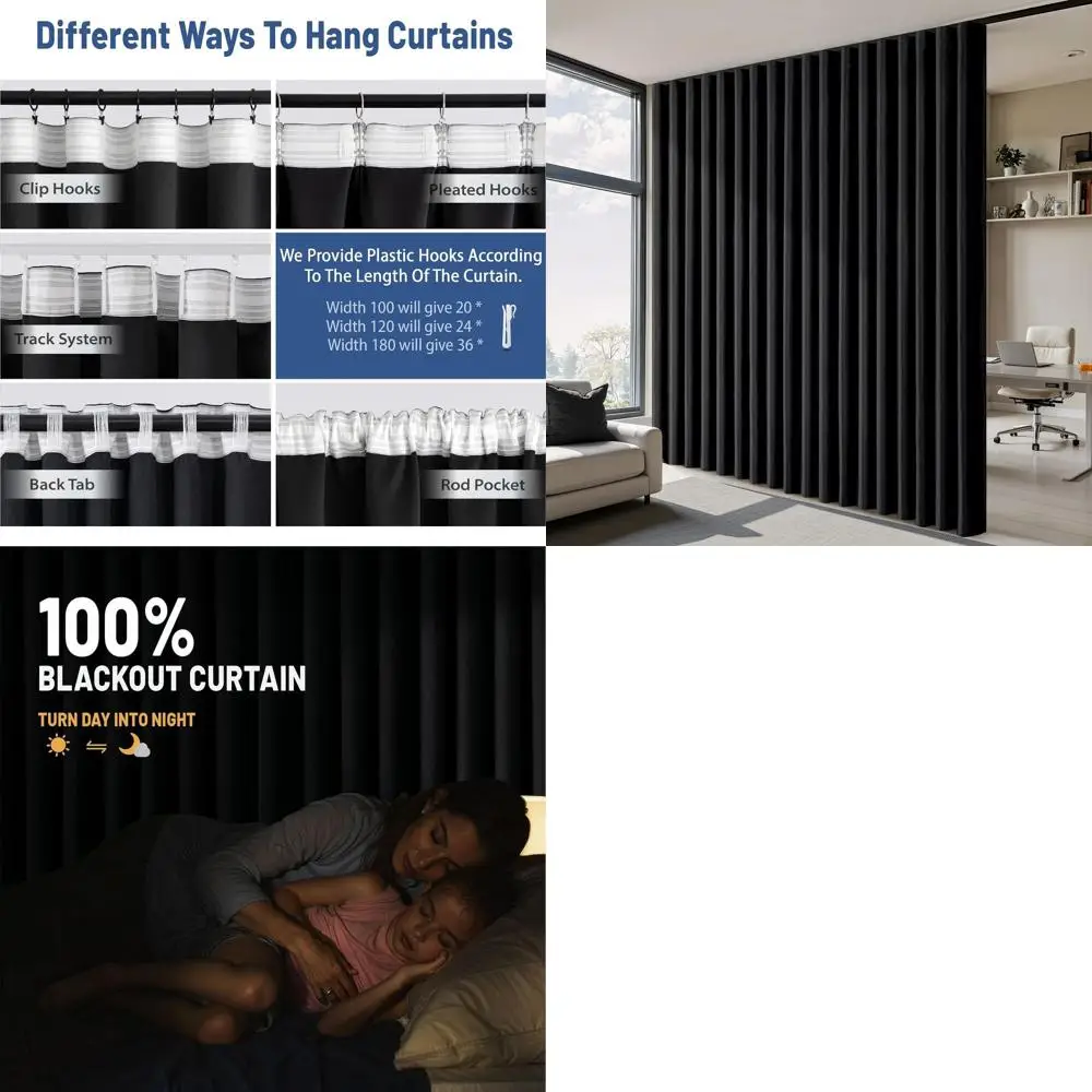 

Очень широкие затемняющие шторы для конфиденциальности, звукоизоляции и теплоизоляции, 100 Вт x 108 л, черные, 1 панель, подходят для Cei