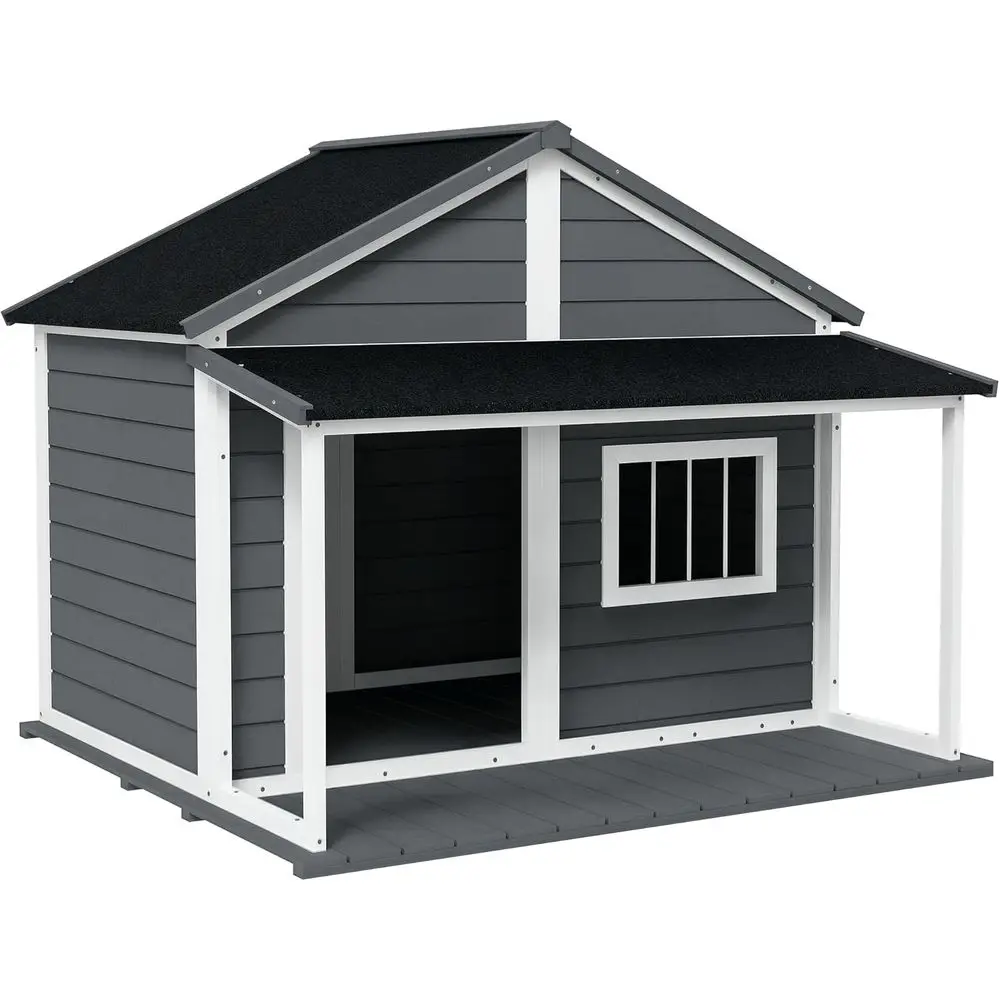 

Outdoor Dog House Cabin Style, Wooden Raised Pet Kennel with Asphalt Roo, ront Door, Side Window, Porch or Medium and Large Dogs
