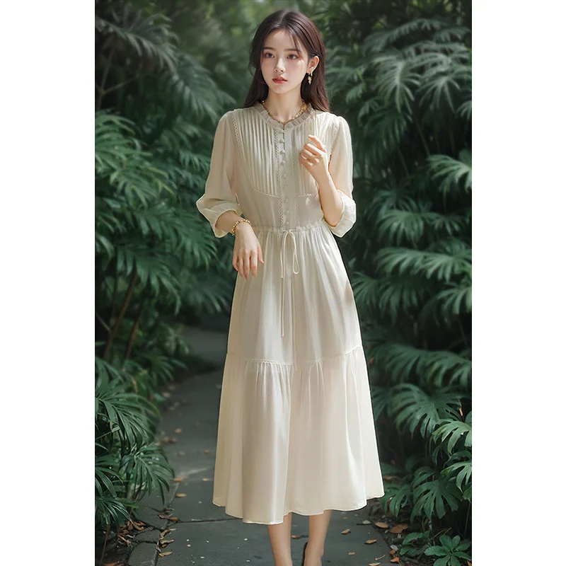 

Spring Summer Dress,Women's , Mid-Length, O-neck, Three-Quarter Sleeve Dress, Slim Waist, Elegant Ladylike Temperament Dress