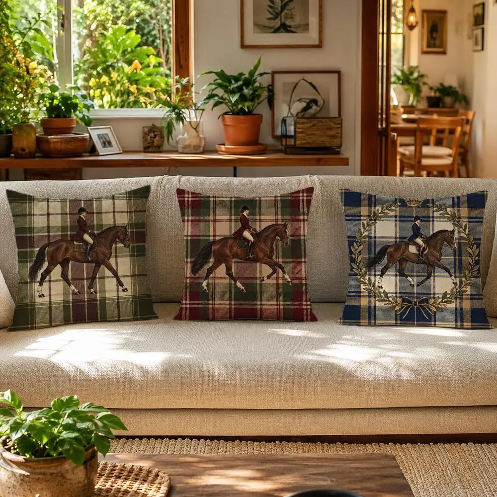Olive Green Tartan Equestrian Horse Rider Cushion Cover Skin-Friendly Linen Pillow Cover Durable Hypoallergenic Washable Soft