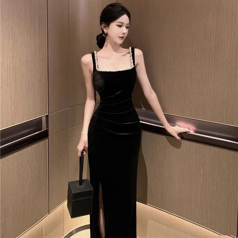 

Ele Long Bla Dr Embellied with Heavy Rhinestones for Adult Ceremony Par Evening Gown Sexy High Waist Polyester F...