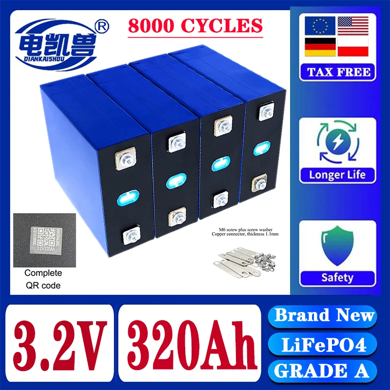 

New 320Ah 8000 cycle LiFePO4 3.2V rechargeable battery, suitable for DIY 12V 24V 48V caravan marine solar energy system no tax