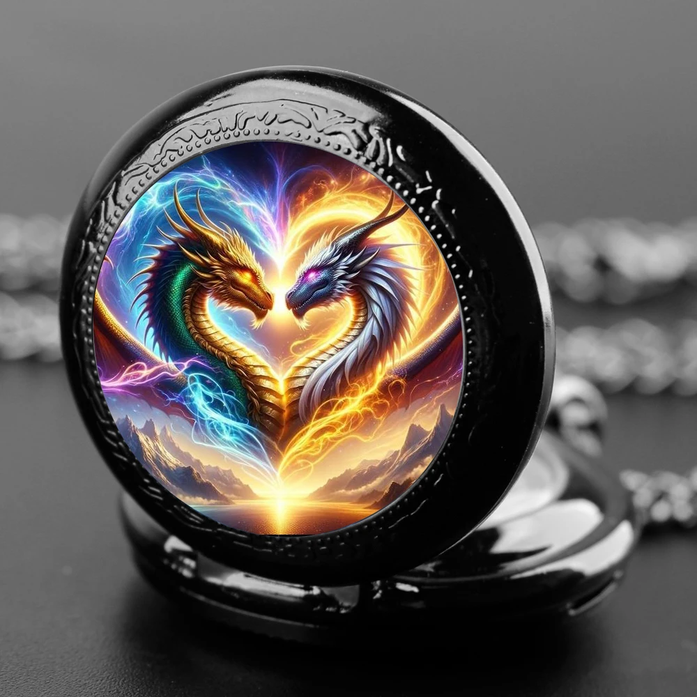 Reloj de bolsillo de cuarzo con parche de cristal de amor eterno para hombres y mujeres, relojes de pareja, regalos románticos, DRAGÓN DE DOBLE corazón