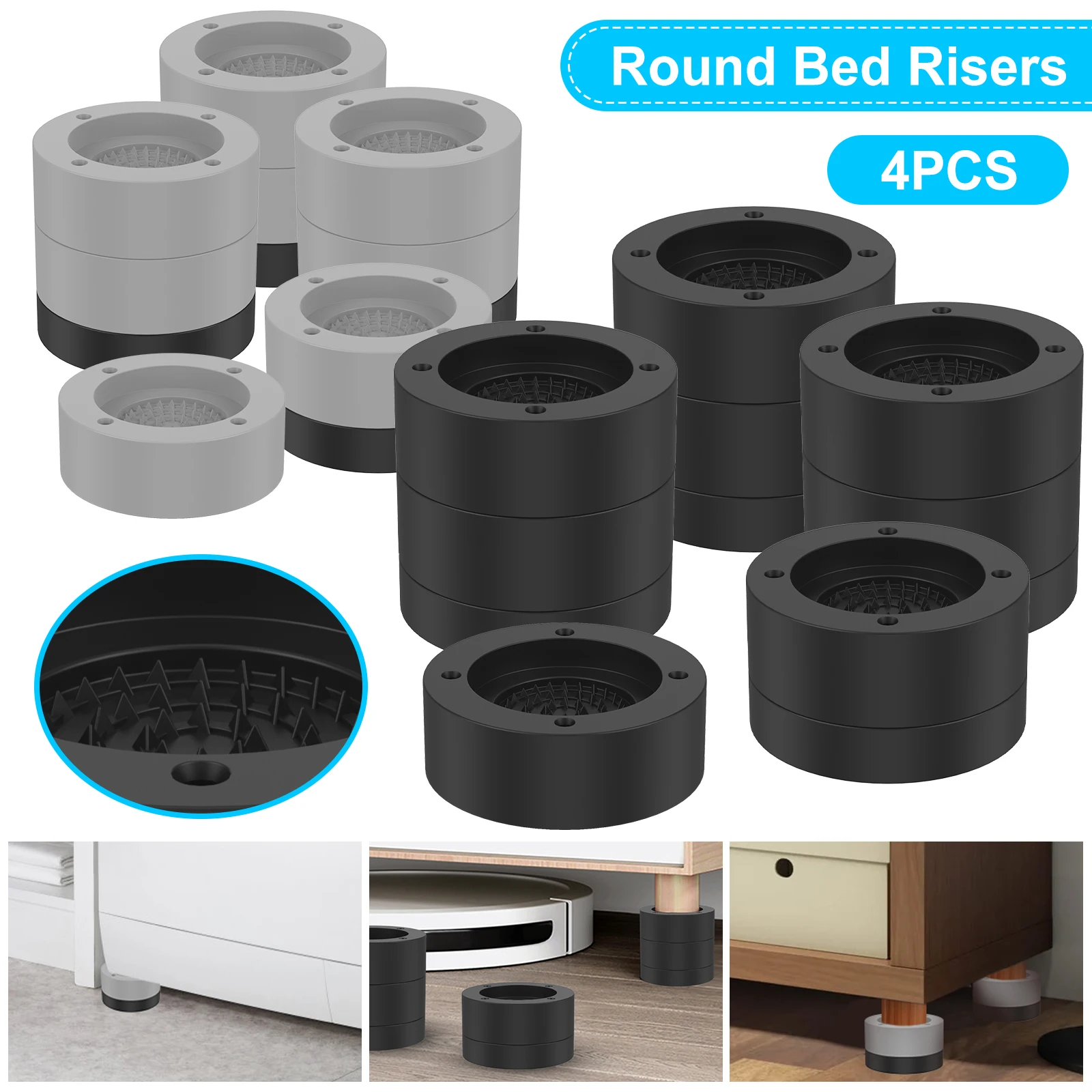 Round Furniture Risers Heavy Duty 2.36inch Adjustable Bed Chair Lifts Risers Anti-Slip Washing Machine Couch Bottom Elevator