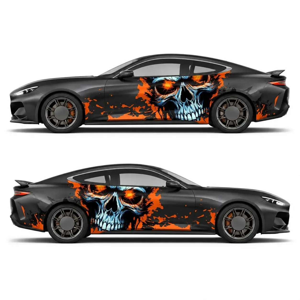 2Pcs Flaming Skull Car Side Decals, Orange Fire Vinyl Body Door Stickers for Cars Trucks SUVs, Vivid Waterproof