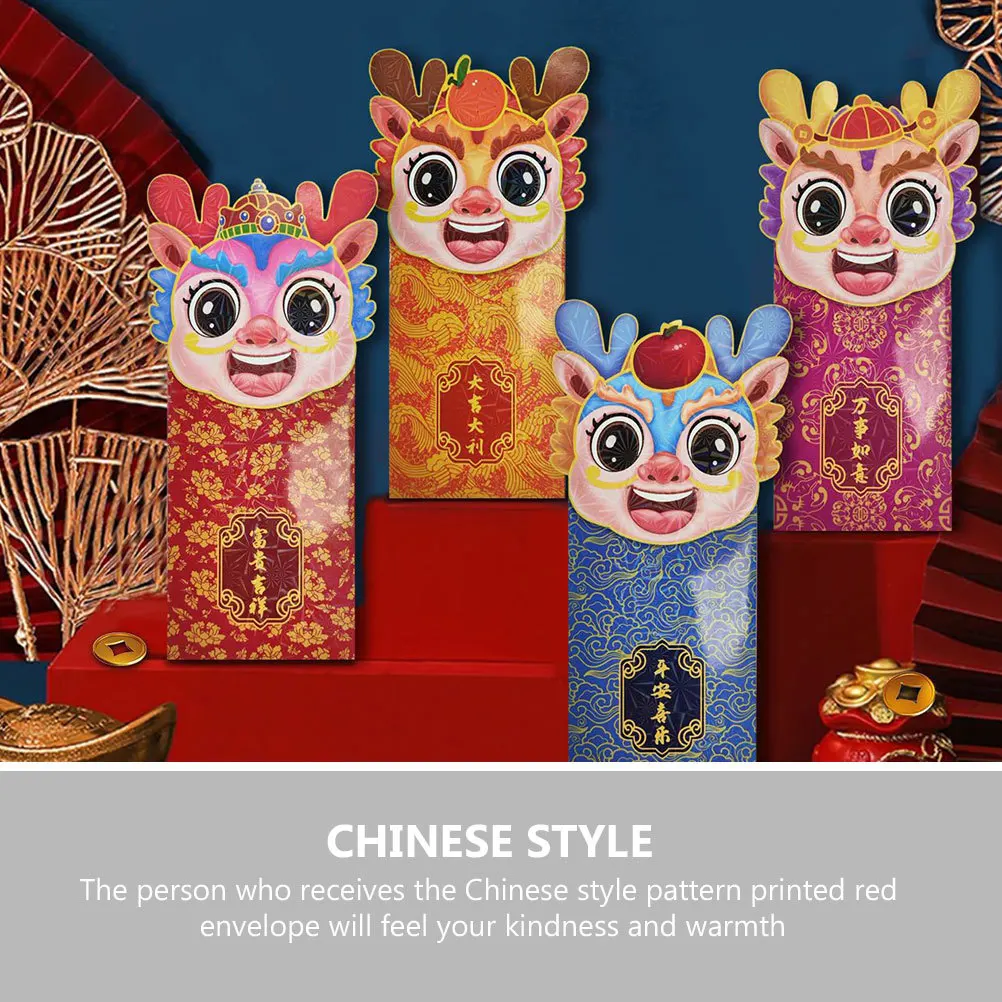 

12 шт., креативные красные конверты с китайским драконом, мультяшные бумажные мешочки для денег, подарок на Новый год, конверты для денег на удачу 2024
