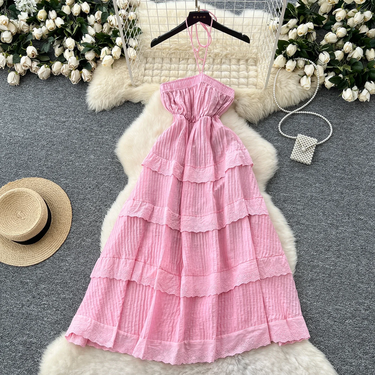 Hotsweet cut out slim ruffle Halter Chic pleated Spliced Chiffon Sexy Slim Fairy Slip Dresses fairycore Women Clothing