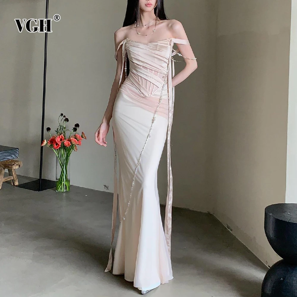 

VGH Temperament Slim Fit Solid Dresses For Women Strapless Sleeveless Backless High Waist Elegant Dinner Dress Female Fashion