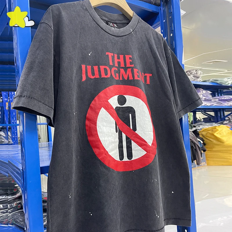 

Summer Loose Streetwear Vintage Washed Black Saint T Shirt Men Women Top Quality Prohibition Label Crack Logo Print T-Shirt Tee