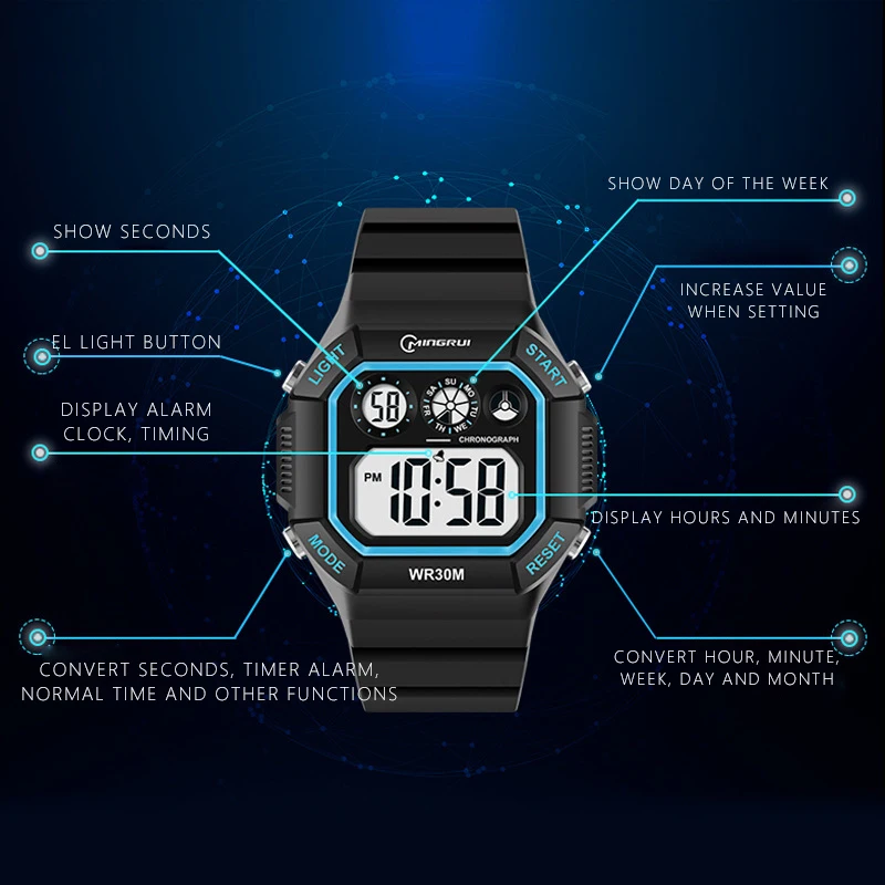 BK69 Модные мужские часы, многофункциональные студенческие часы, ночник, водонепроницаемые электронные часы, спортивные часы для мужчин