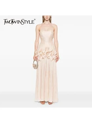 TWOTWINSTYLE Solid Spliced Folds Slimming Dresses For Women Slash Neck Sleeveless High Waist Temperament Dress Female Fashion