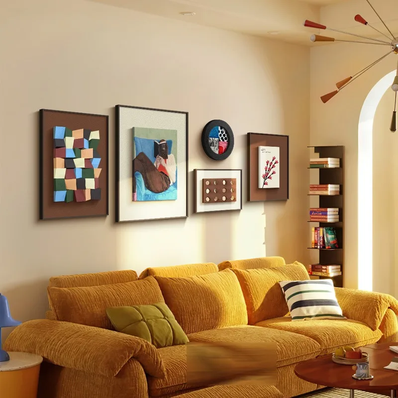 Medieval high-end art hanging paintings, retro three-dimensional wooden block combination murals