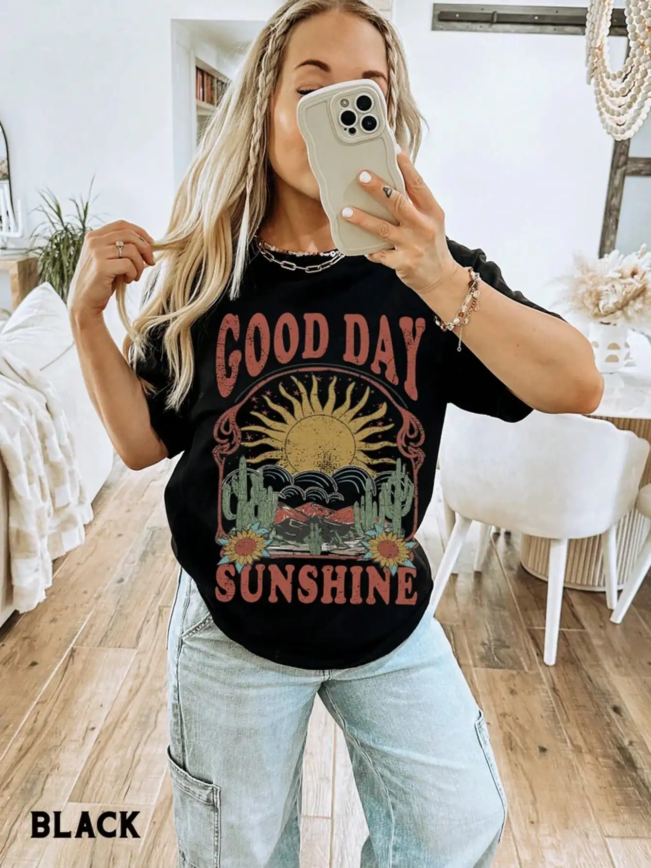 

Женская черная футболка с коротким рукавом и принтом солнца и кактусов, в ретро-винтажном стиле