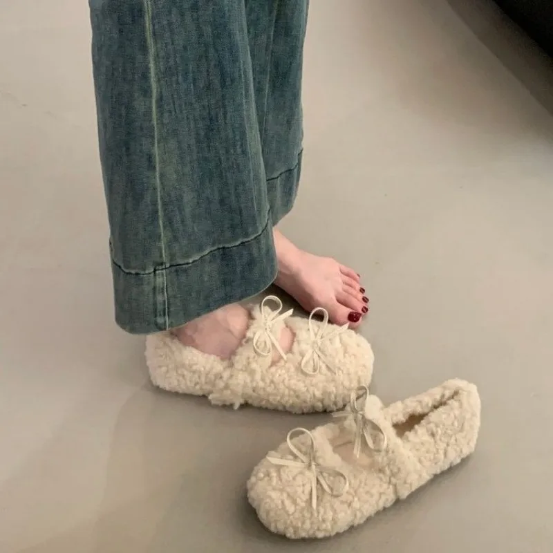 New Style Fashion Women's Shearling Ballet Flats with Strap Warm Rabbit Fur Plush Lined Crystal Buckle Mary Jane Flat Shoes view 2