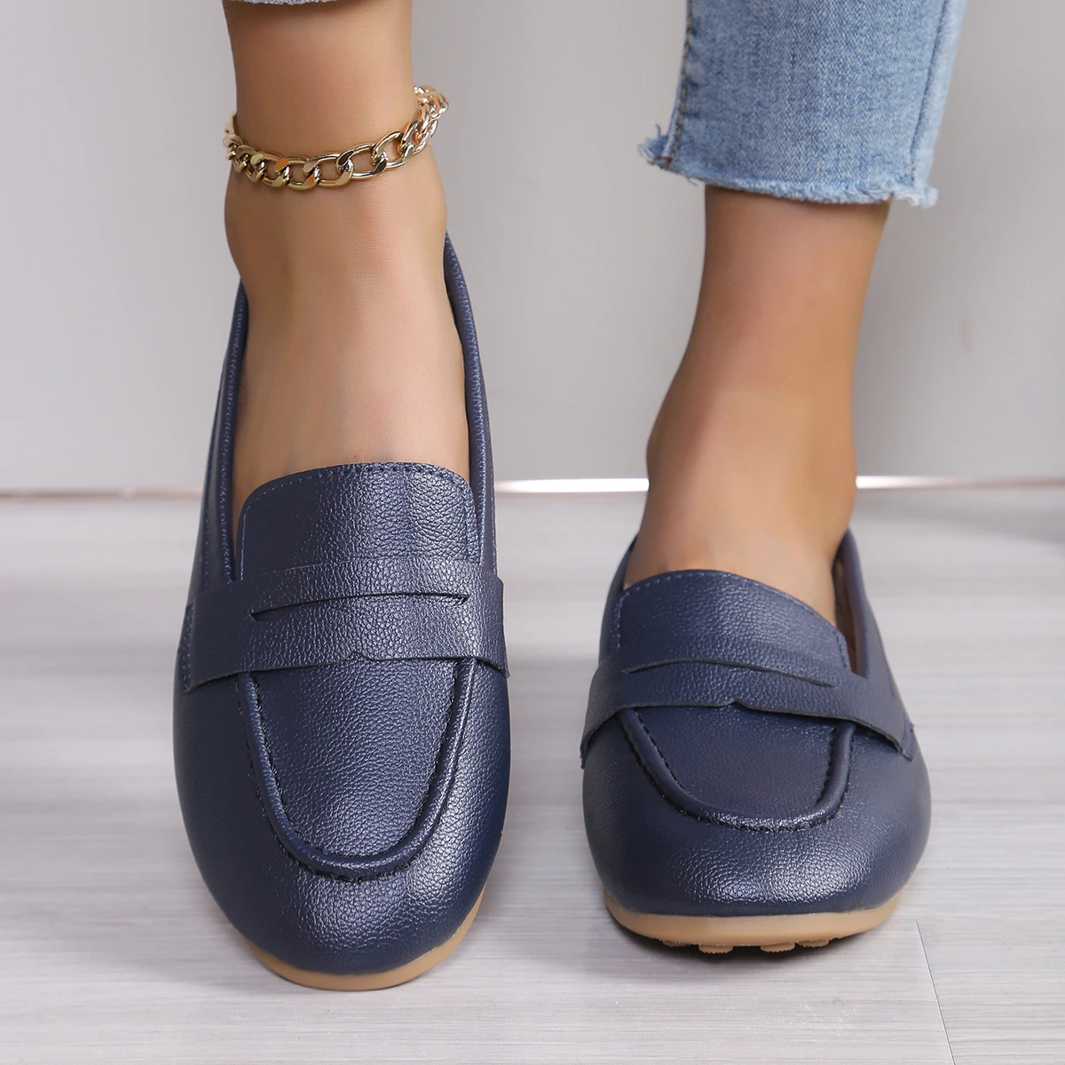 Women Shoes Soft Leather Shoes with  Loafers Dark Blue Flat Shoes Women\'s Casual Zapatos Mujer Flats Female Footwear Size 36-43