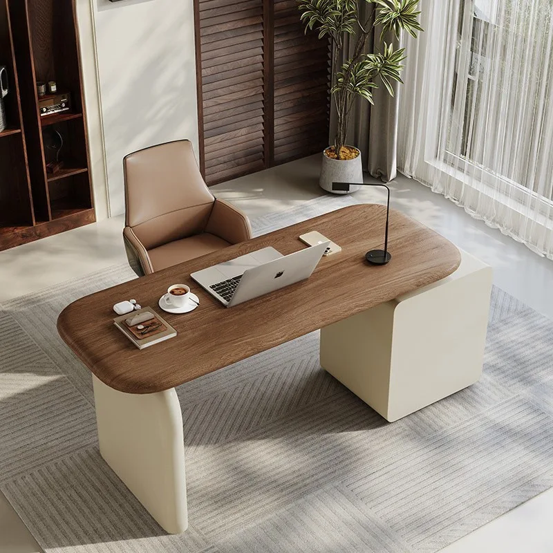 Solid wood desk, study computer desk, household bedroom, retractable, minimalist cream