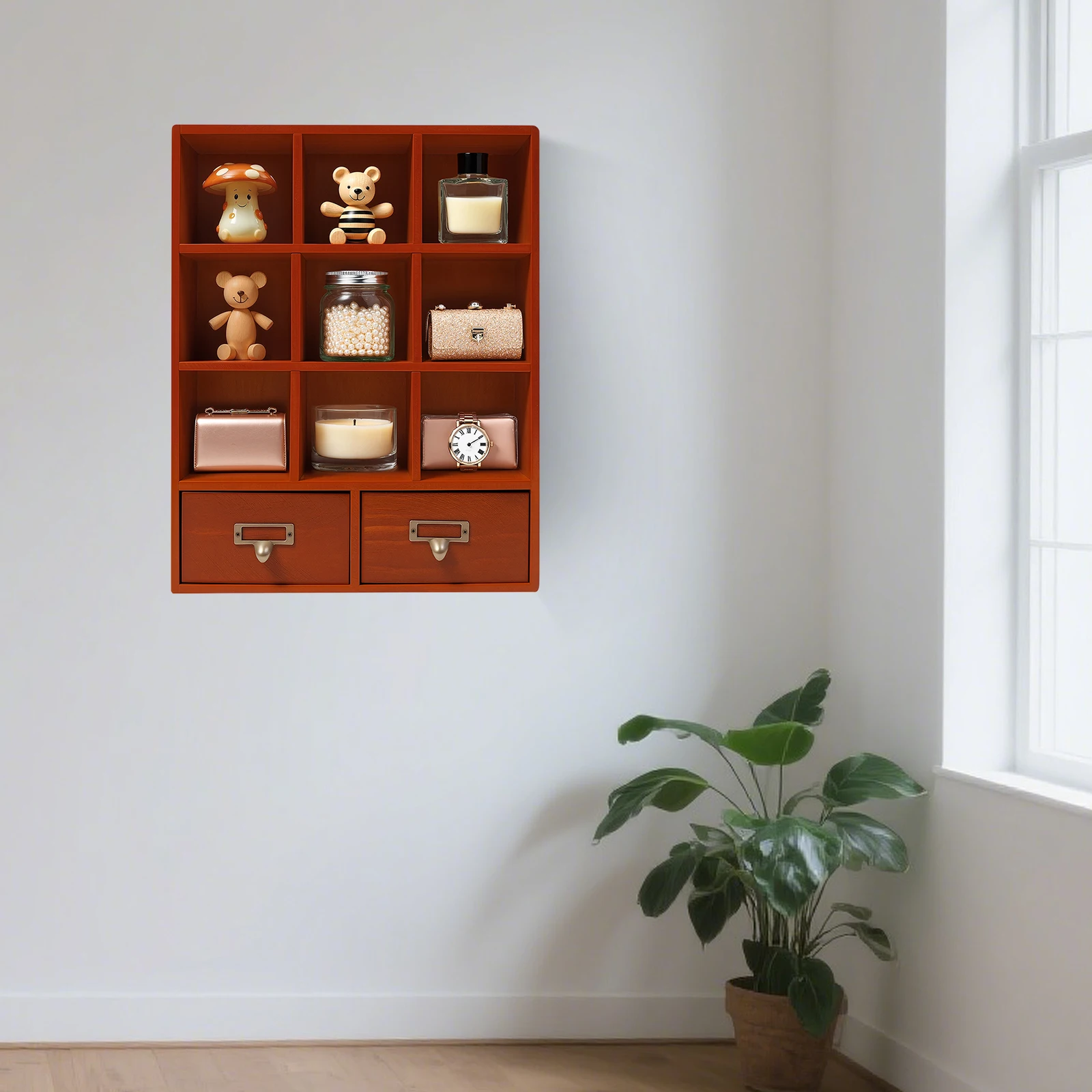 Wooden Storage Divider Box Showcase Display Box Organization Tabletop Box with 9 Compartments and 2 Drawers for Home Storage