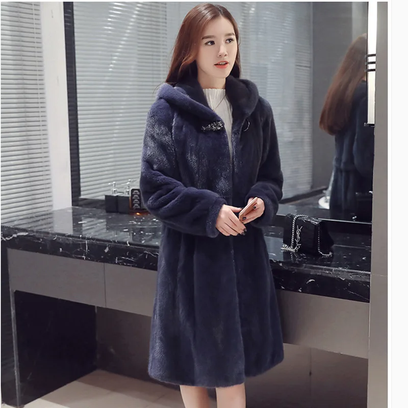 

Autumn Winter New Women's Fur Coat Faux Mink Hair Coat Mid-length Hooded Windbreaker Slim Warm Thick Fashion Harajuku