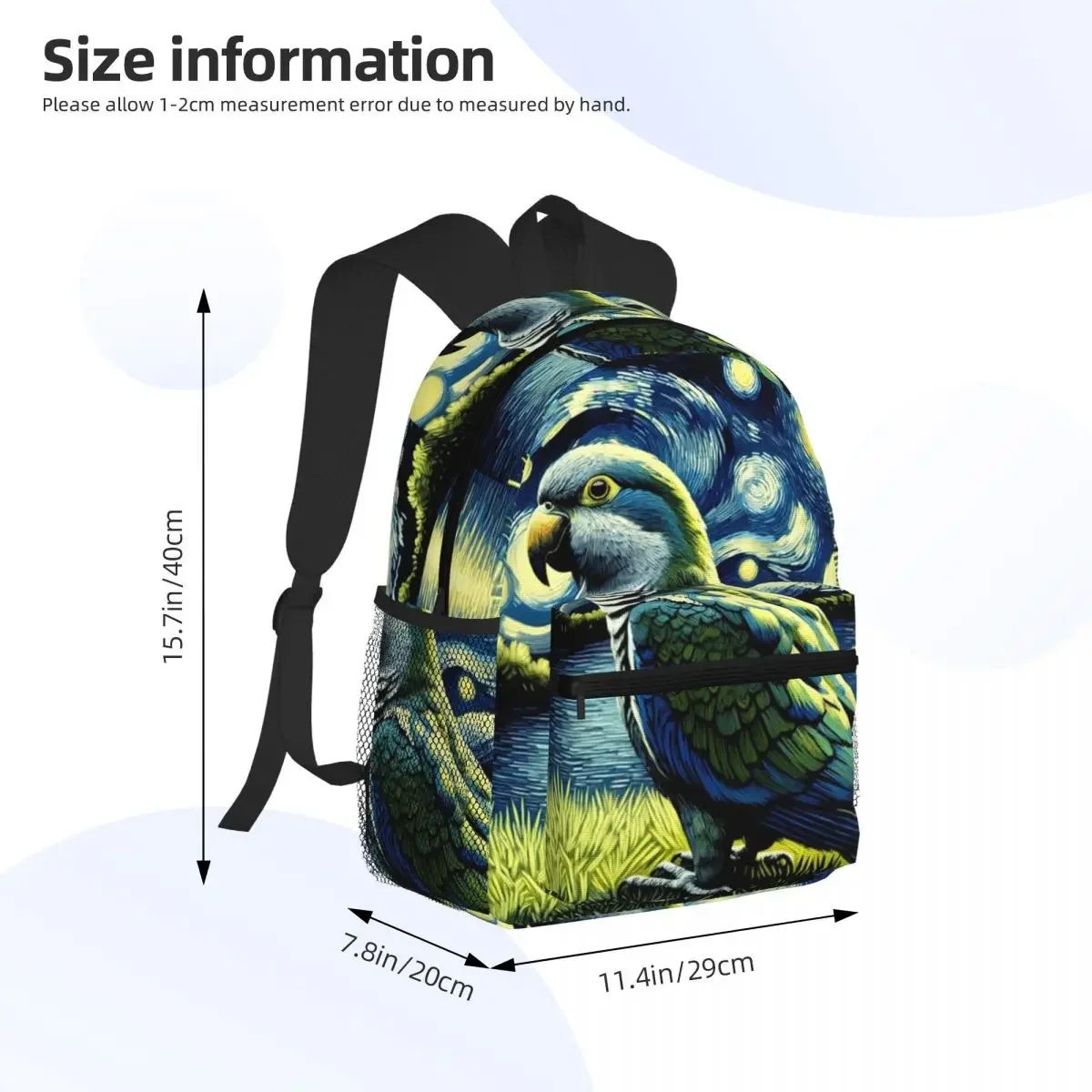 Starry Night Quaker Parrot Van Gogh Bird Lover Student Backpack School Bag Hiking Daypack for Men Women Bookbag Shoulder Bags