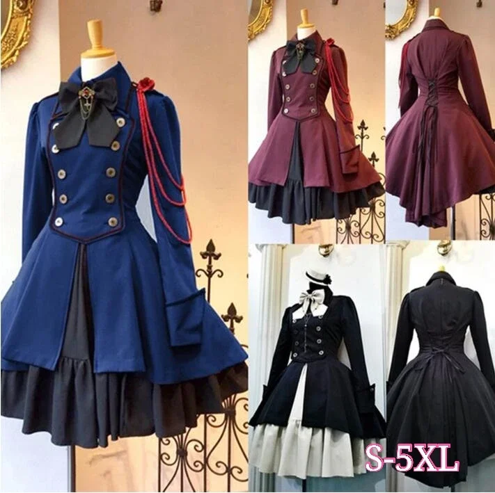 

2024 Vintage Gothic Lolita Dress OP Ruffle Bow tie Button Lace Up Knee Length Dress Long Sleeve Sweet Dress