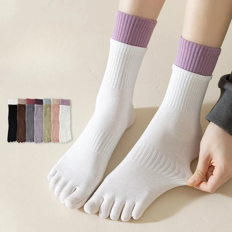 Kawaii Women Cute Cotton Socks with Separate Fingers Middle Tube Toe Socks Four Season Sports Yoga Five Finger Athletic Socks