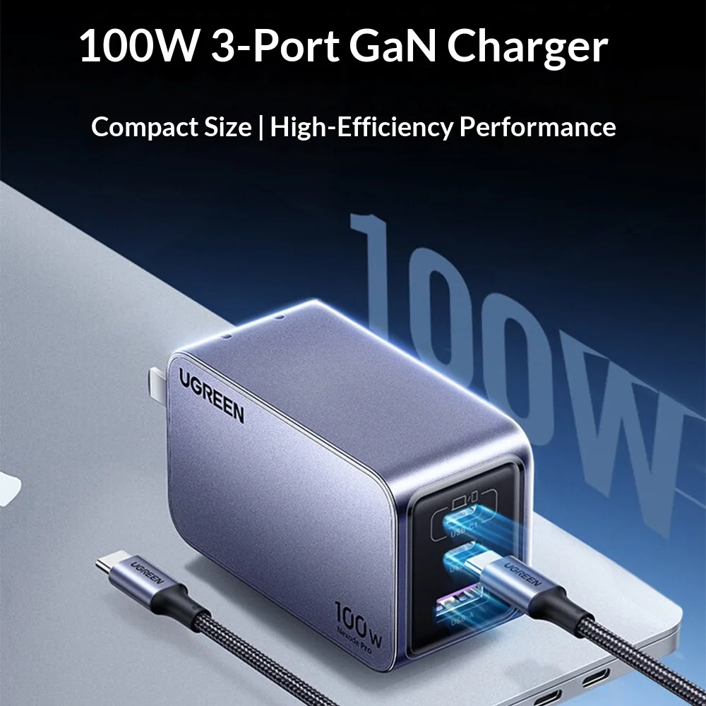 UGREEN 100W Travel GaN Charger Kit, 3 Output Ports, 1.5m 5A Type-C Braided Cord, Fast Charge for Laptop Mobile Devices