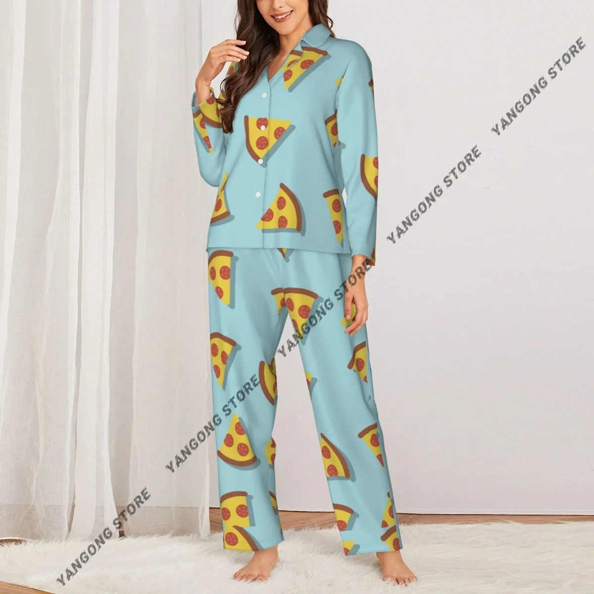 Women Sleepwear Pajamas Pizza Pattern Long Sleeve Pijama Female Set Negligee Cardigan Suit