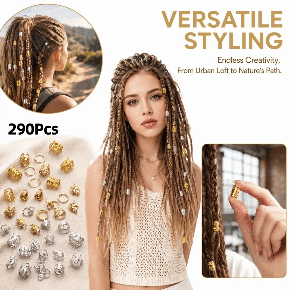 290Pcs Metal Dreadlock Jewelry Hollow Out Gold Silver Hair Jewelry Hip-Hop Punk Style Electroplated Hair Braiding Rings Festival