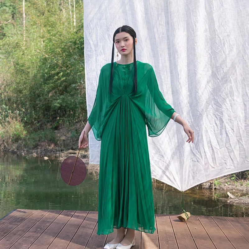 

A Life On The Left Women Two Piece Dress Irregular Wide Bat Sleeves Round Neck A-shaped 100% Mulberry Silk Pink Green Long Skirt