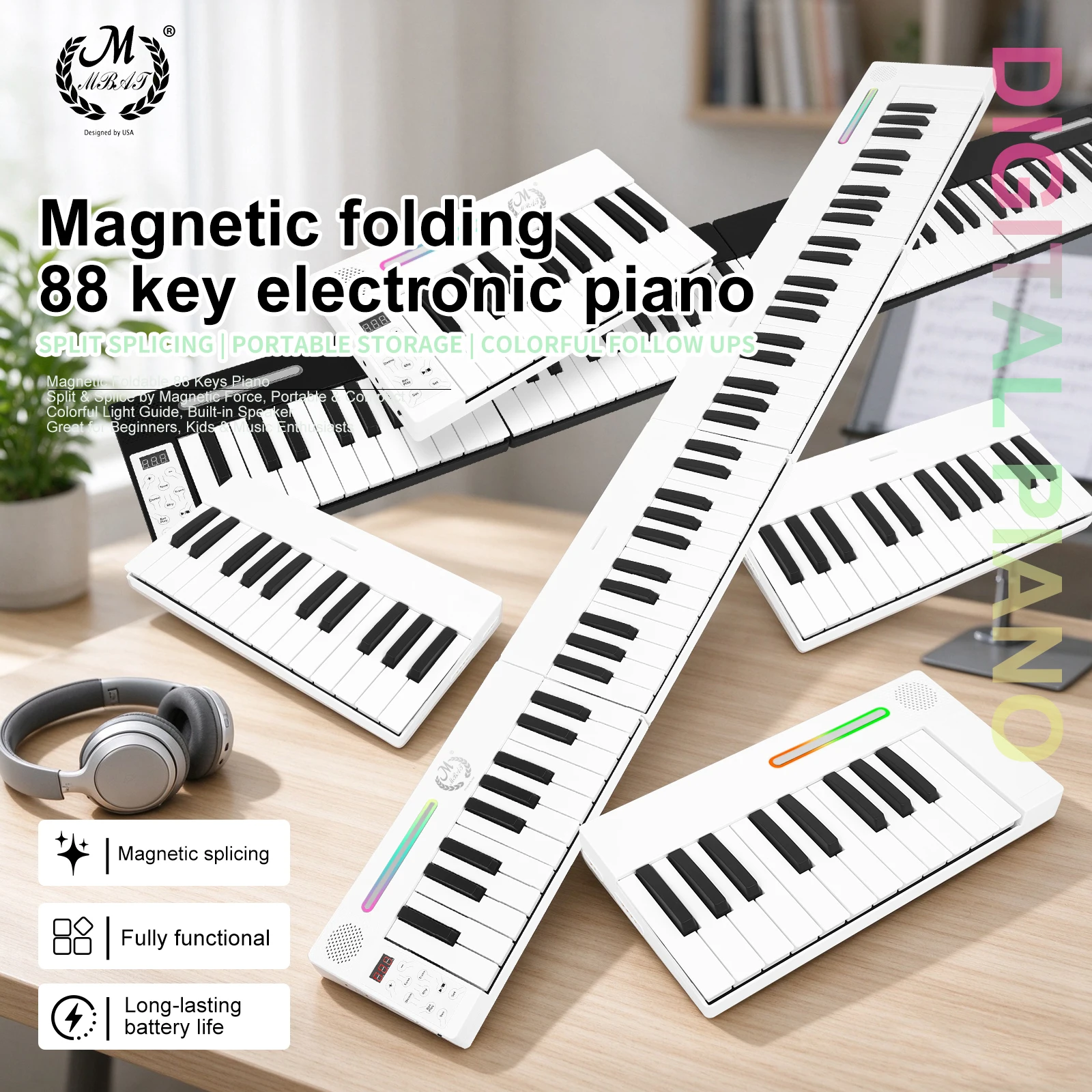 M MBAT 88 Keys Electronic Piano 4 Folding Magnetic Musical Keyboard with 128 Tones 128 Rhythms 21 Demo Electronic Metronome
