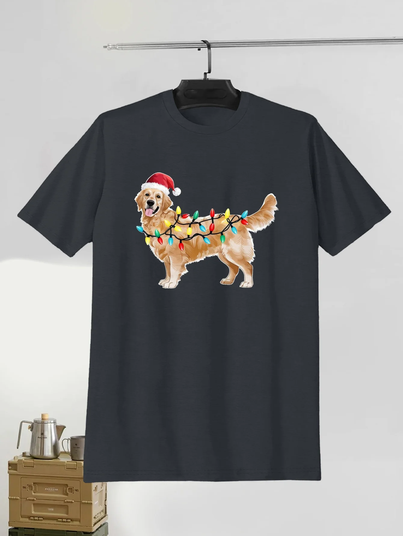 

Golden Retriever Christmas Lights T-Shirt Men's Cotton Short Sleeve Graphic Tee Casual Crew Neck