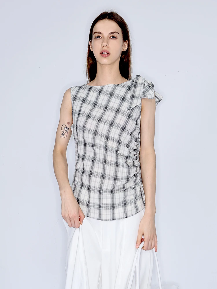

JDE Retro Pure Cotton Plaid Svel Belted Asymmetric Women's Summer irt Original Design Commute Top Knot