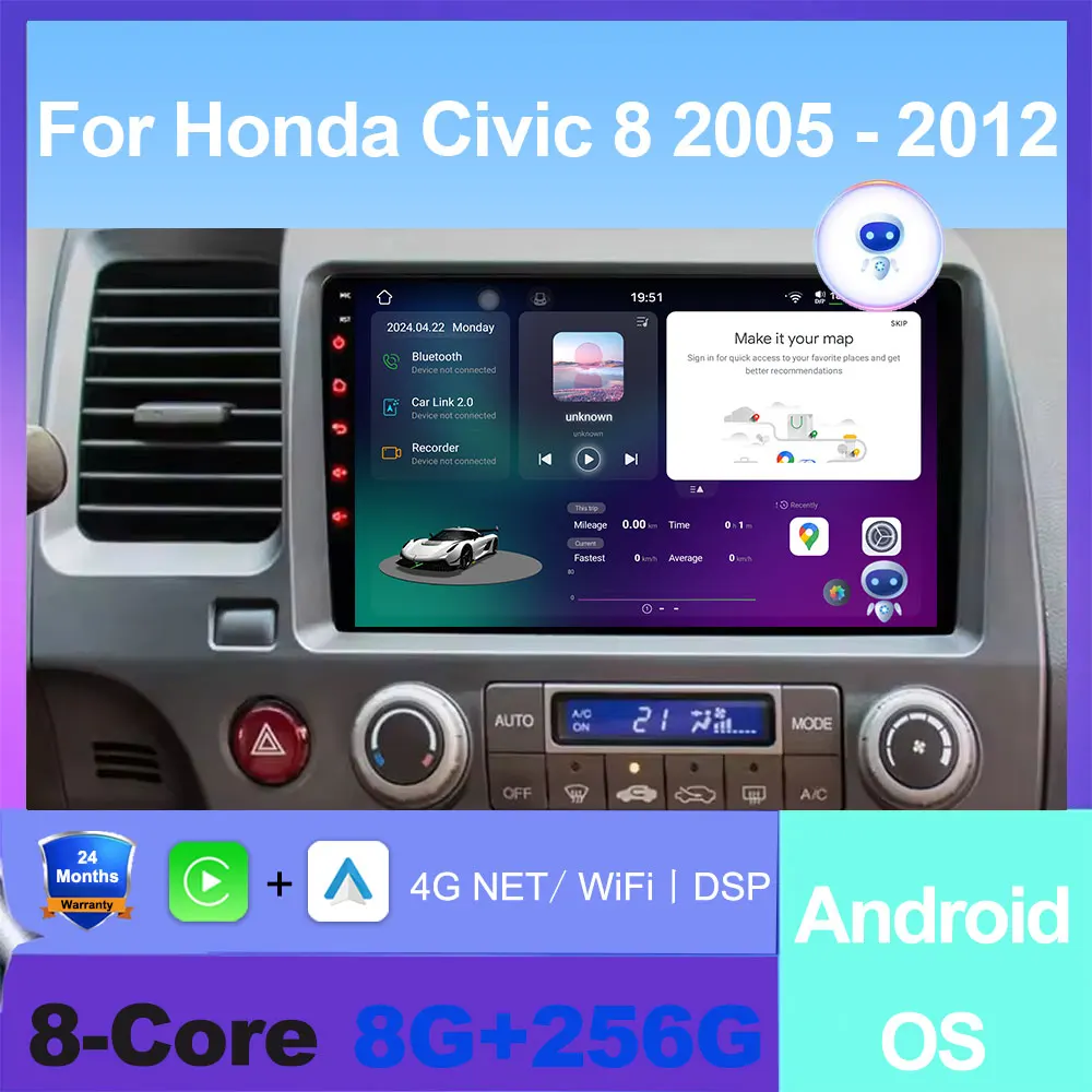 

9" Android OS Carplay Car Stereo Radio For Honda Civic 8 2005 - 2012 Multimedia Video Player GPS Navigation 4G Wifi
