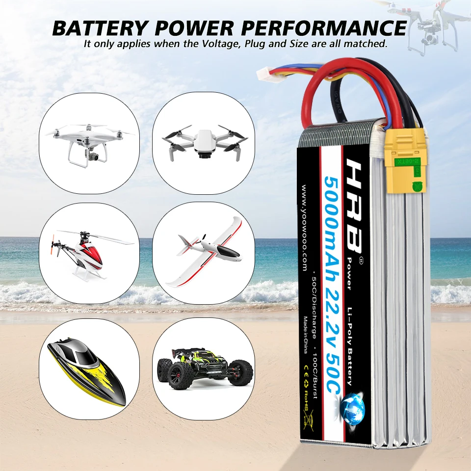 HRB 6S 5000mAh يبو بطارية XT90-S مكافحة شرارة موصل 50C 22.2 فولت بطارية توصيل خارجي كوادكوبتر هليكوبتر طائرة سيارة قارب شاحنة